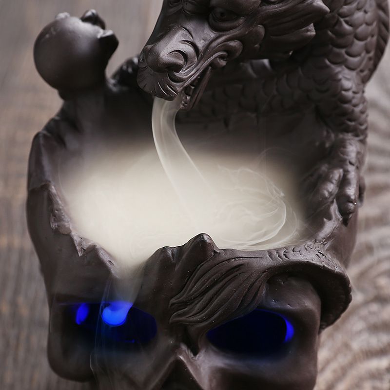 Dragon with Cracked Skull Head Skeleton Backflow Incense Burner with LED Lights