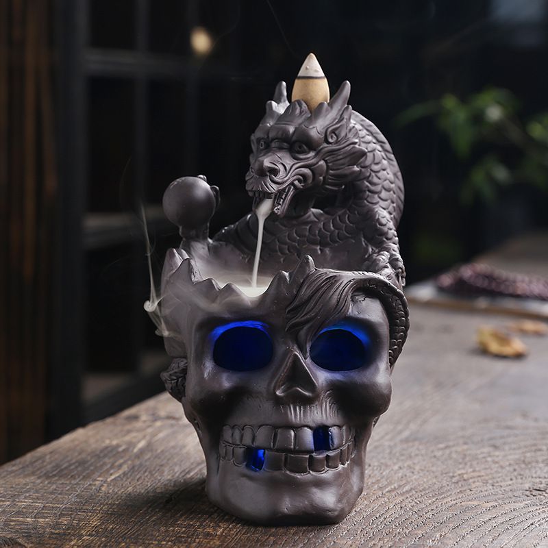 Dragon with Cracked Skull Head Skeleton Backflow Incense Burner with LED Lights