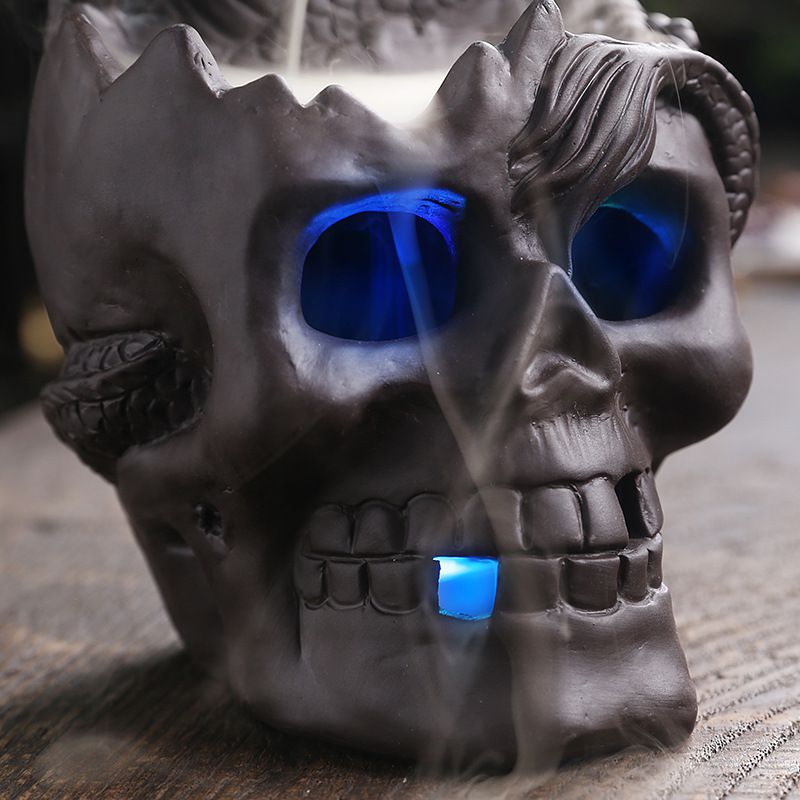 Dragon with Cracked Skull Head Skeleton Backflow Incense Burner with LED Lights