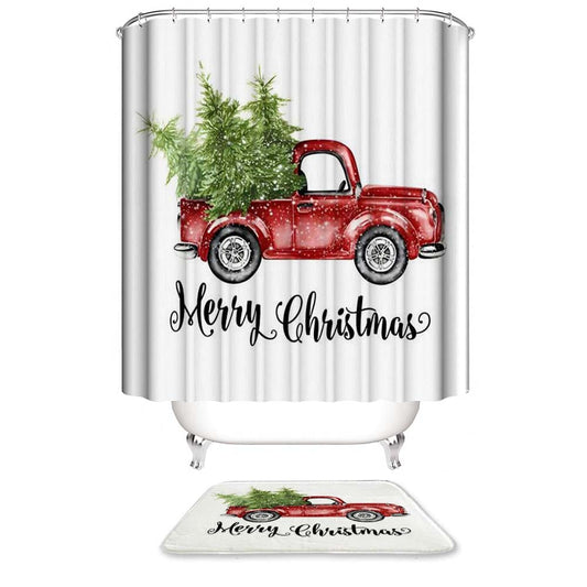 Christmas Red Truck Shower Curtain, Merry Christmas Bathroom Curtain
