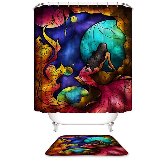Stained Art Red Mermaid Fabric Shower Curtain, Stained Glass Style Mermaid Bathroom Curtain