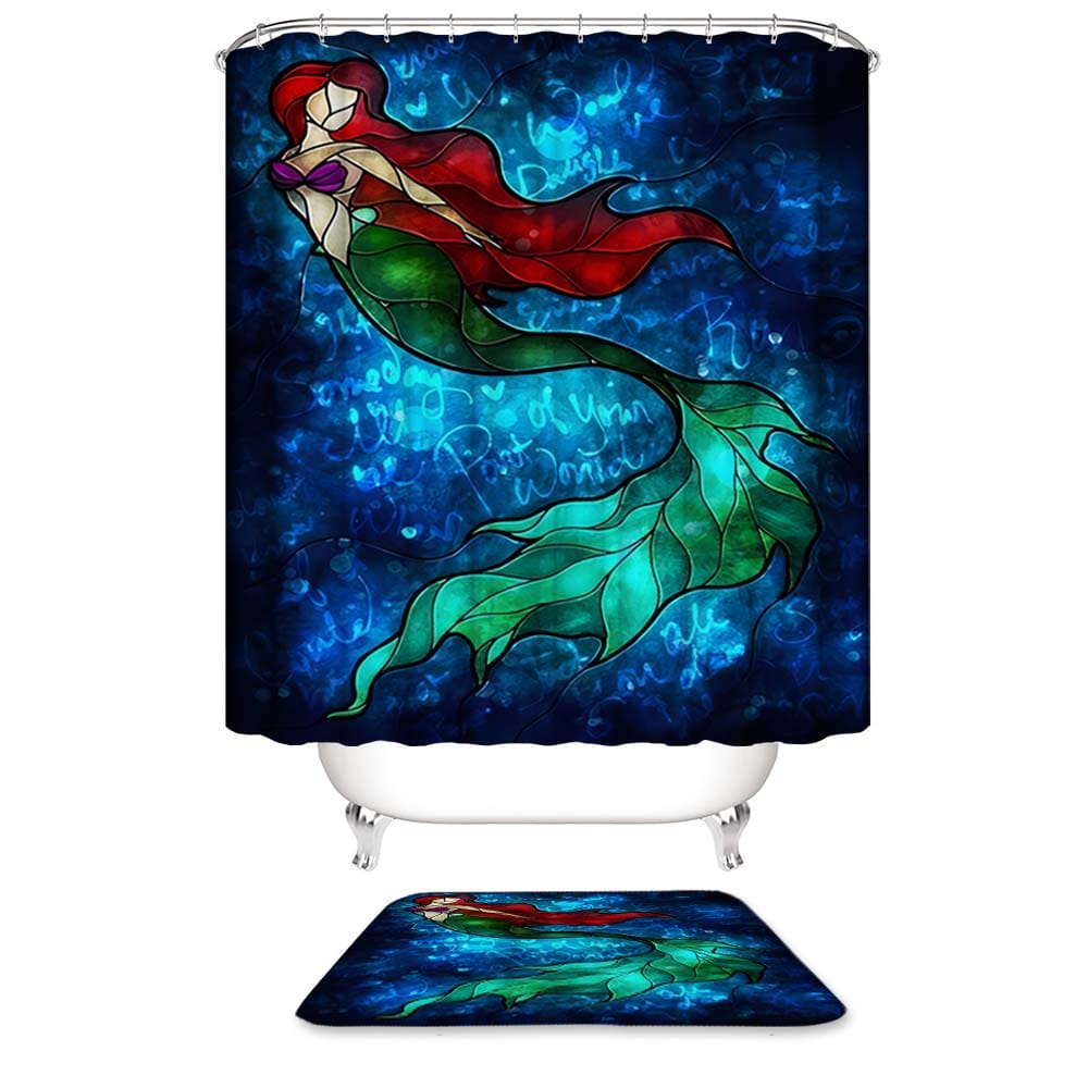Vintage Mermaid Shower Curtain, Stained Glass Style Mermaid Bathroom Curtain