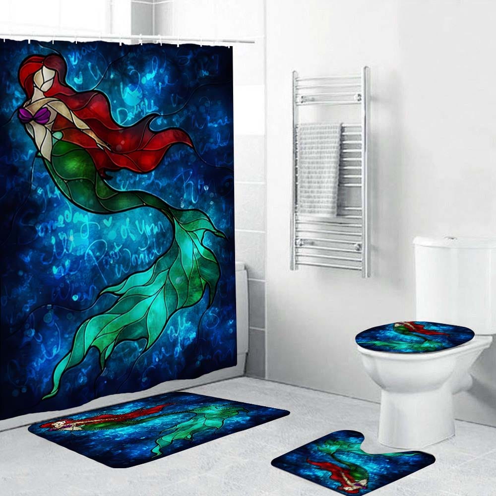 Vintage Mermaid Shower Curtain, Stained Glass Style Mermaid Bathroom Curtain