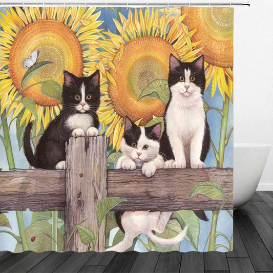 Sunflower Cat Shower Curtain | Cat Sunflower Bathroom Curtain