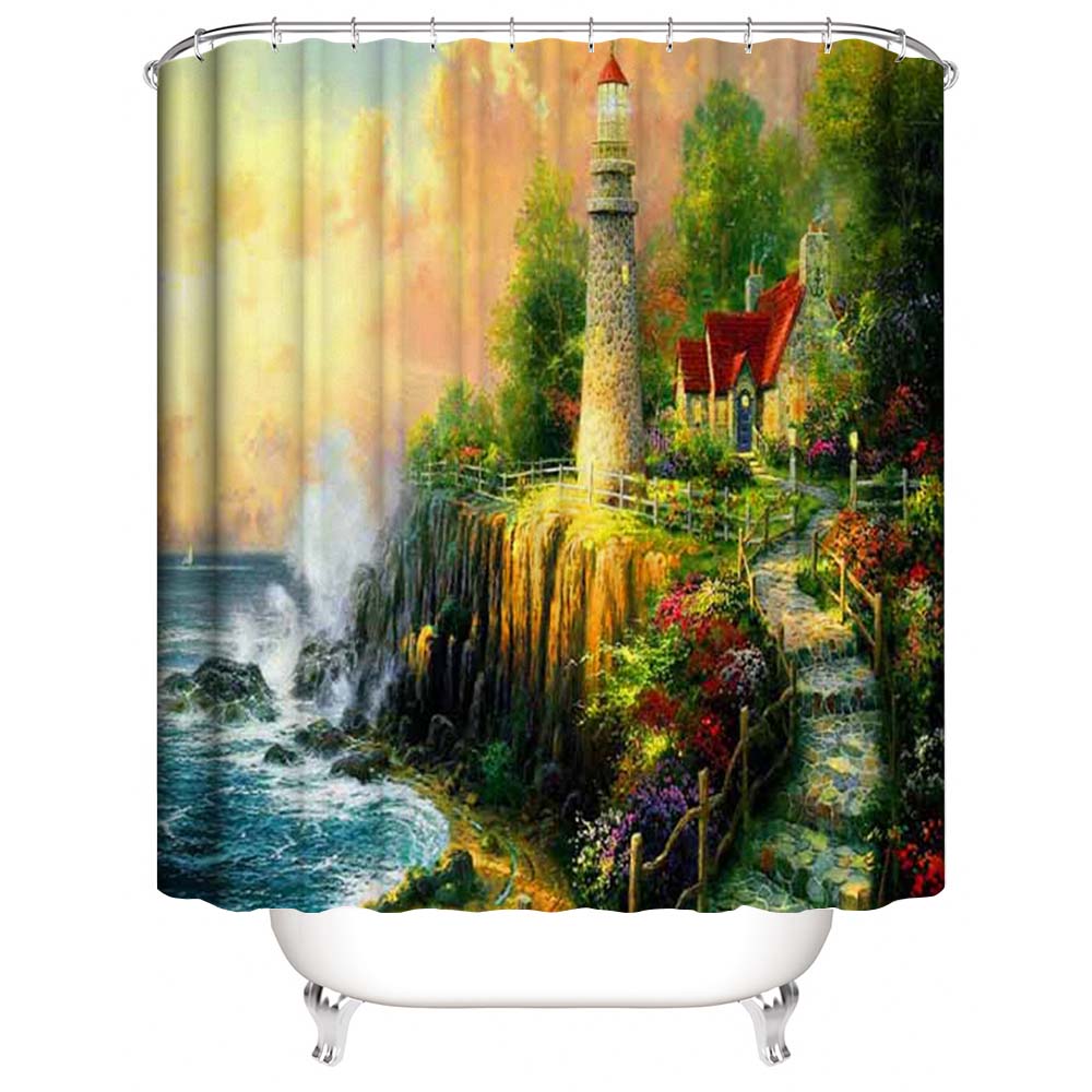 Thomas Kinkade Lighthouse Shower Curtain, The Light of Peace Bathroom Curtain