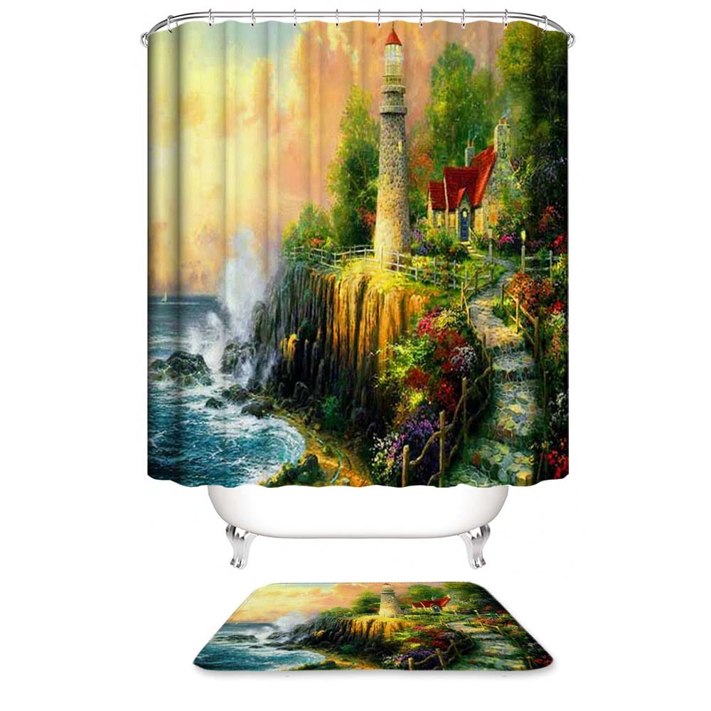 Thomas Kinkade Lighthouse Shower Curtain, The Light of Peace Bathroom Curtain