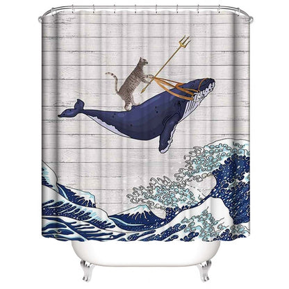 Cat Riding Whale Shower Curtain, Whimsical Poseidon Cat Bathroom Curtain