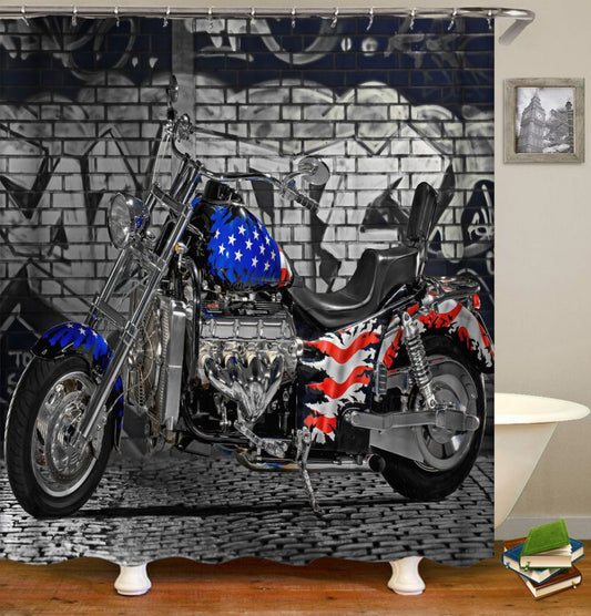 USA Flag Motorcycle Shower Curtain | Usa Falg Motorbike Bathroom Curtain