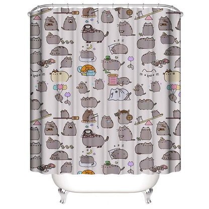 Pusheen Shower Curtain, Various Memes Cute Cat Bathroom Curtain