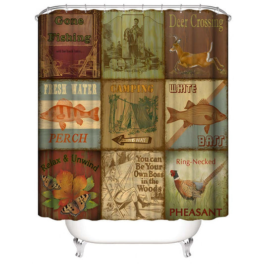 Fishing Deer Camping Themed Shower Curtain, Lodge Collage Shower Curtain