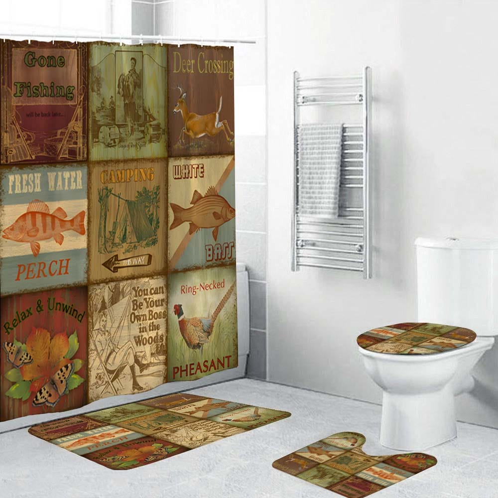 Fishing Deer Camping Themed Shower Curtain, Lodge Collage Shower Curtain