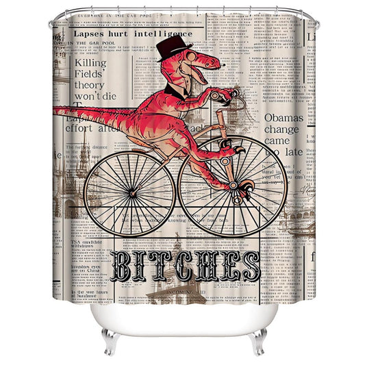 Vintage Newspaper Bitches Fantasy Dinosaur Riding Bike Shower Curtain