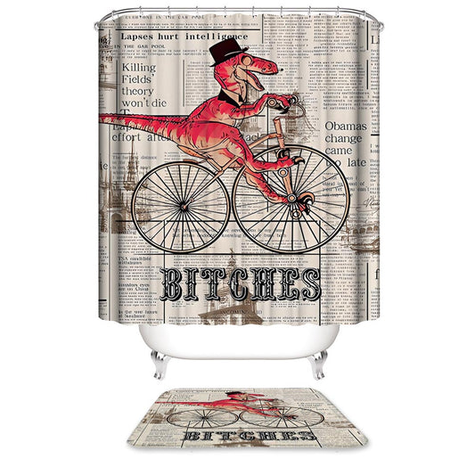 Vintage Newspaper Bitches Fantasy Dinosaur Riding Bike Shower Curtain