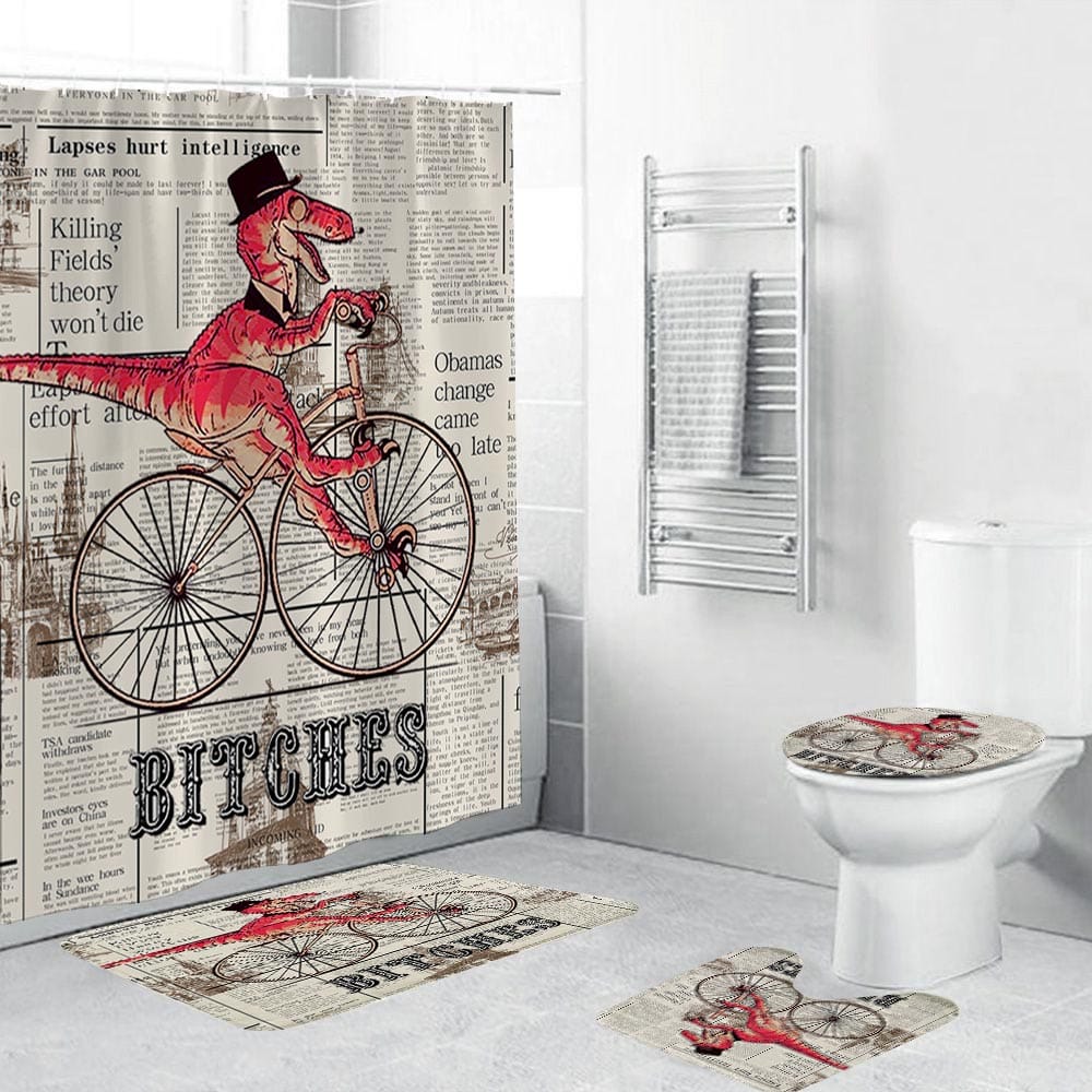Vintage Newspaper Bitches Fantasy Dinosaur Riding Bike Shower Curtain