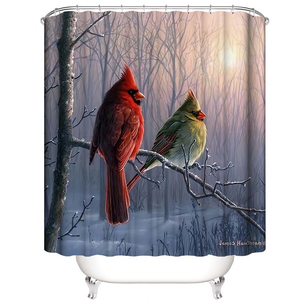 Winter Forest Cardinal Shower Curtain, Red Birds Bathroom Curtain