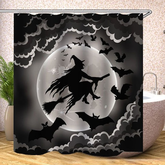 Black and White Halloween Bats Witch Shower Curtain | Halloween Flying Witch Shower Curtain