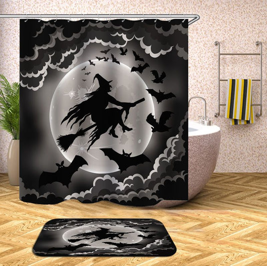 Black and White Halloween Bats Witch Shower Curtain | Halloween Flying Witch Shower Curtain